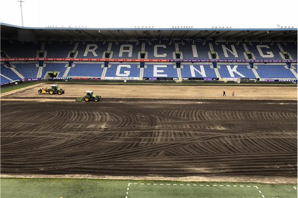 Aanleg hoofdveld in Grassmaster met blauwe kunstgras uitloopstroken (2018), 4 kunstgrasvelden (2021, 2020, 2011, indoor 2012) en 2 natuurgrasvelden (2012) - Sportinfrabouw NV